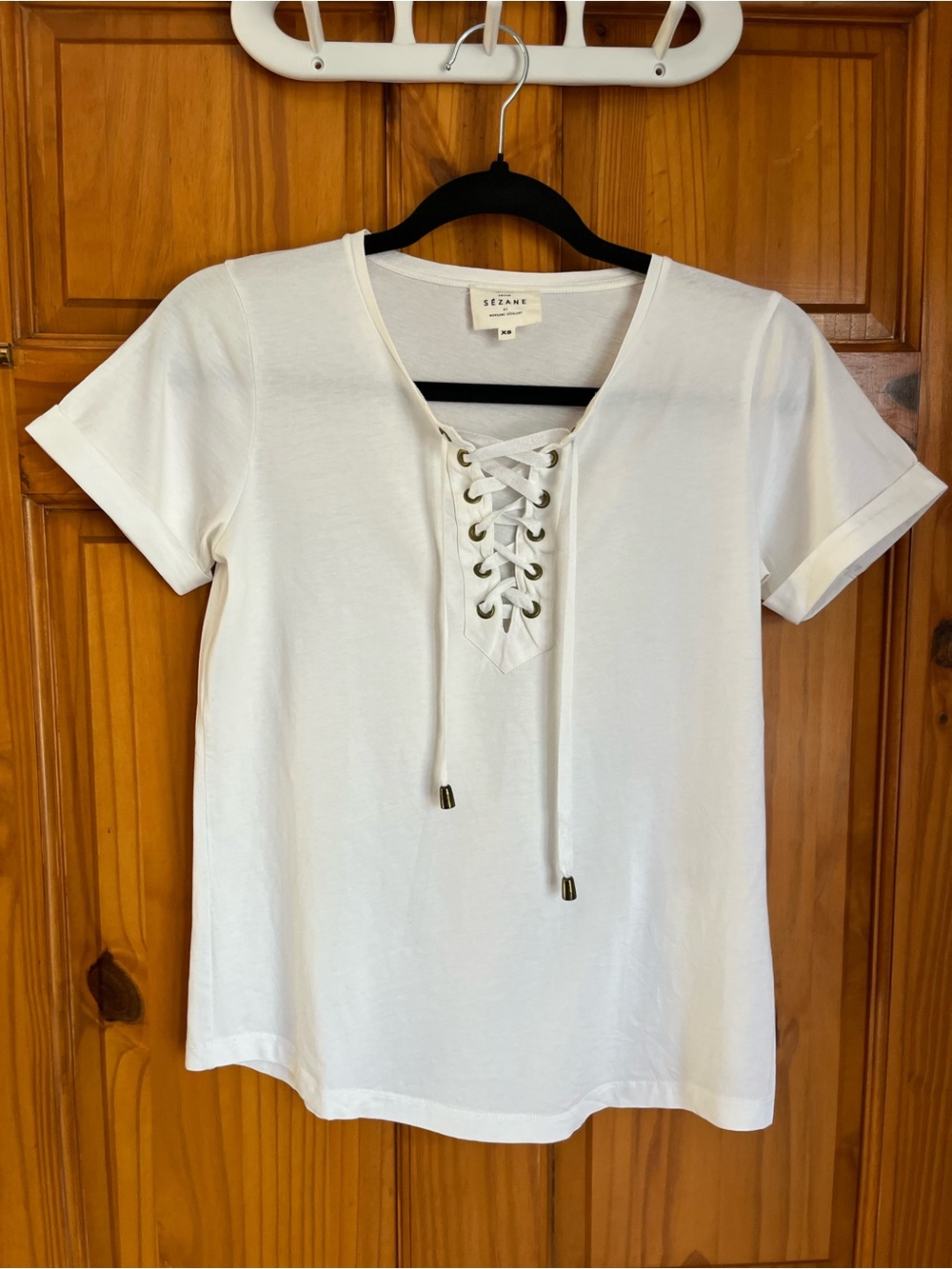 Sezane White Lace-Up Short Sleeve Cotton Tee
